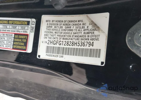 2008 Honda Civic Ex z USA, uszkodzony, nr VIN 2HGFG12828H536794